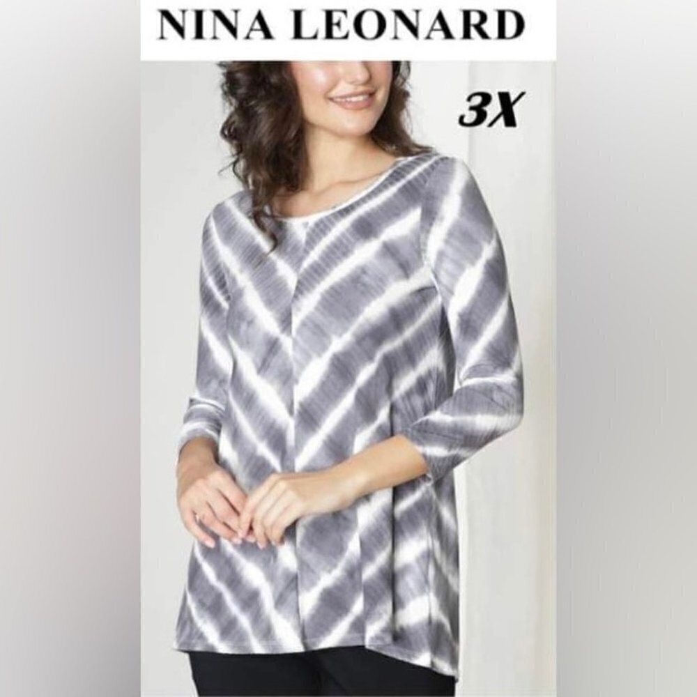 Nina Leonard, Women's Plus, 3/4 Sleeve Tunic - Grey Multi.  Size: 3X. NWT.